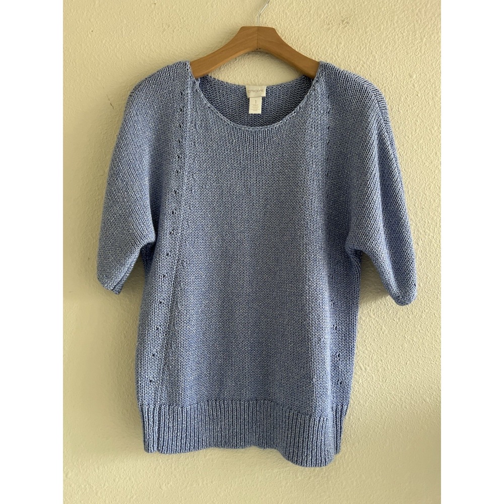 Chico's Blue Knit Sweater Top Size M Pullover Effortless Casual Coastal Grandma